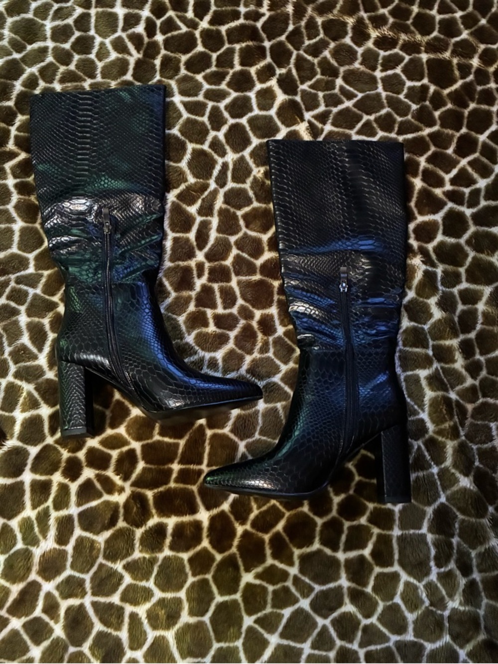 Women’s Black Snake-Embossed Block Heel Mid-Calf Boots - Picture 2 of 8